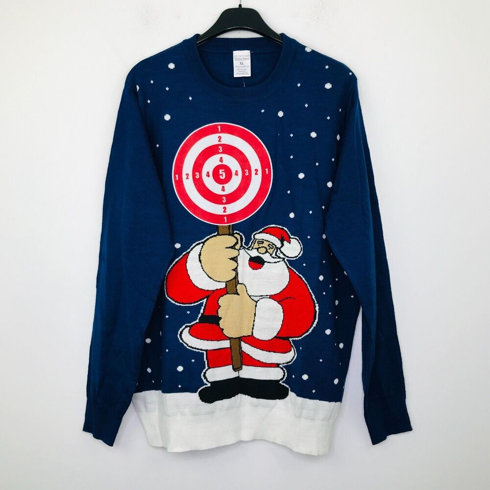 Holiday Classics Men's XL Ugly Christmas Sweater Blue Santa Bullseye Target NWT